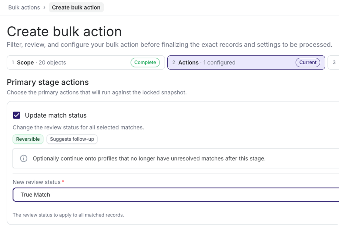 Screenshot of Minerva Bulk Actions workflow showing how compliance teams can update match status and review status across multiple screening results.