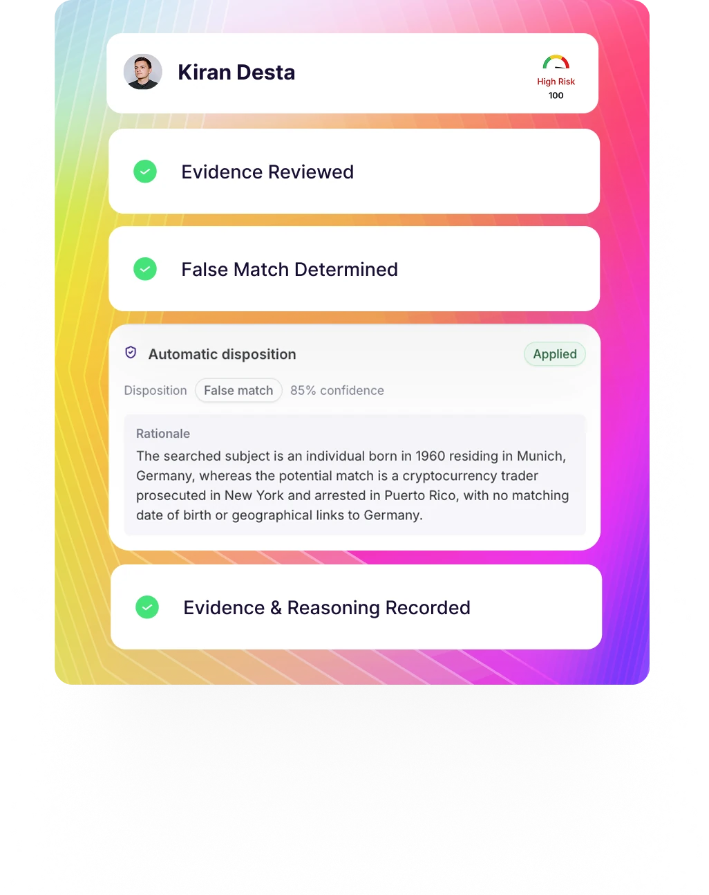 A cleared alert: evidence reviewed, false match determined, and the automatic disposition applied with its rationale recorded